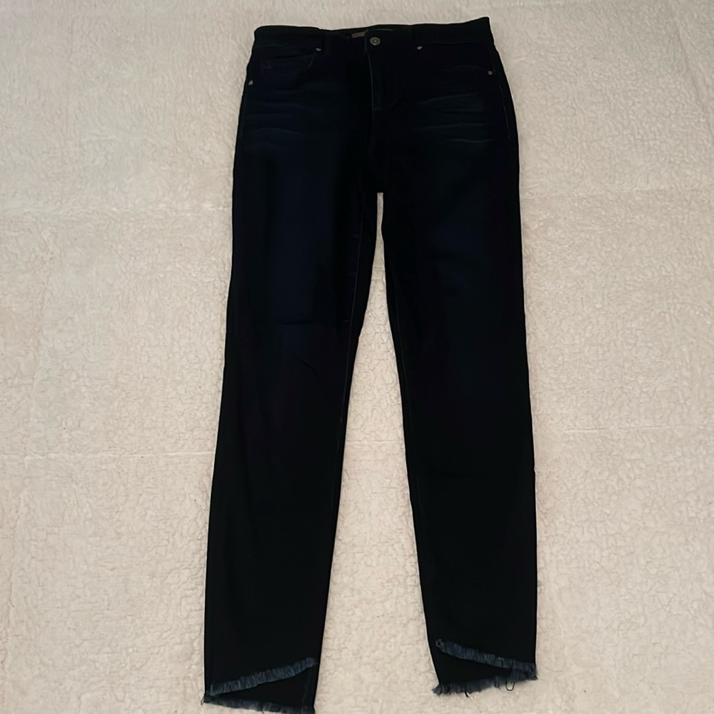 Darkest blue wash skinny straight leg jeans with taper